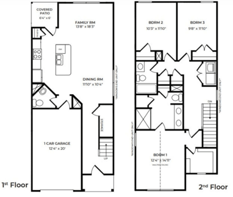 A black and white image of a two-story house floor plan.